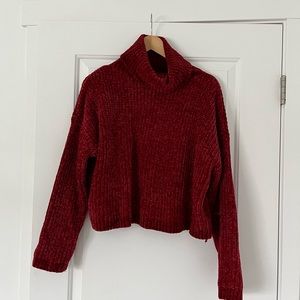 Red Loose Turtleneck Cropped Sweater